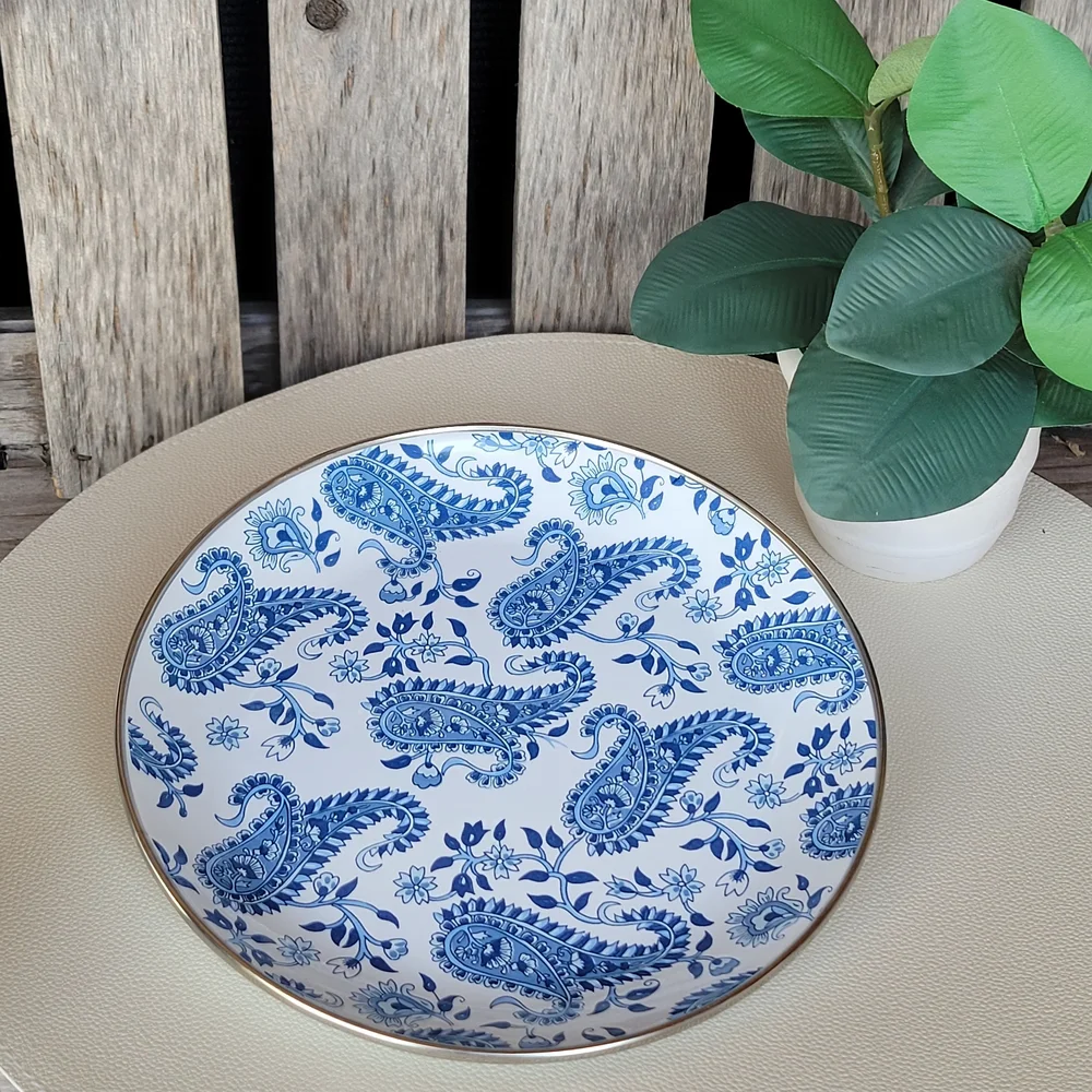 Pottery Barn Elegant Blue Paisley Enamel Ware Silver Rim 8